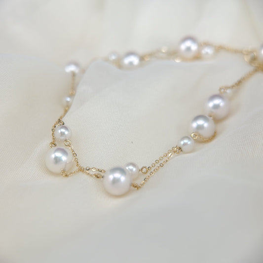 Akoya Pearl Stationed Necklace in 18K Yellow Gold, 7-7.5mm,4-4.5mm