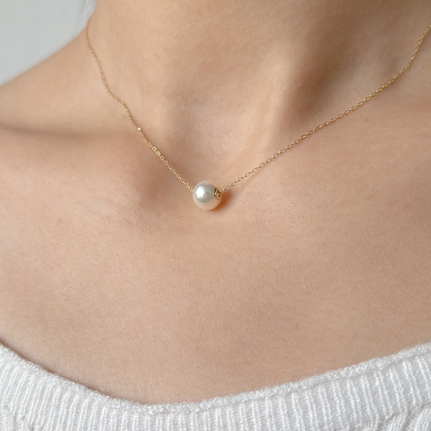 Akoya Pearl Floating Necklace in 18K Yellow Gold, 7.5-8mm