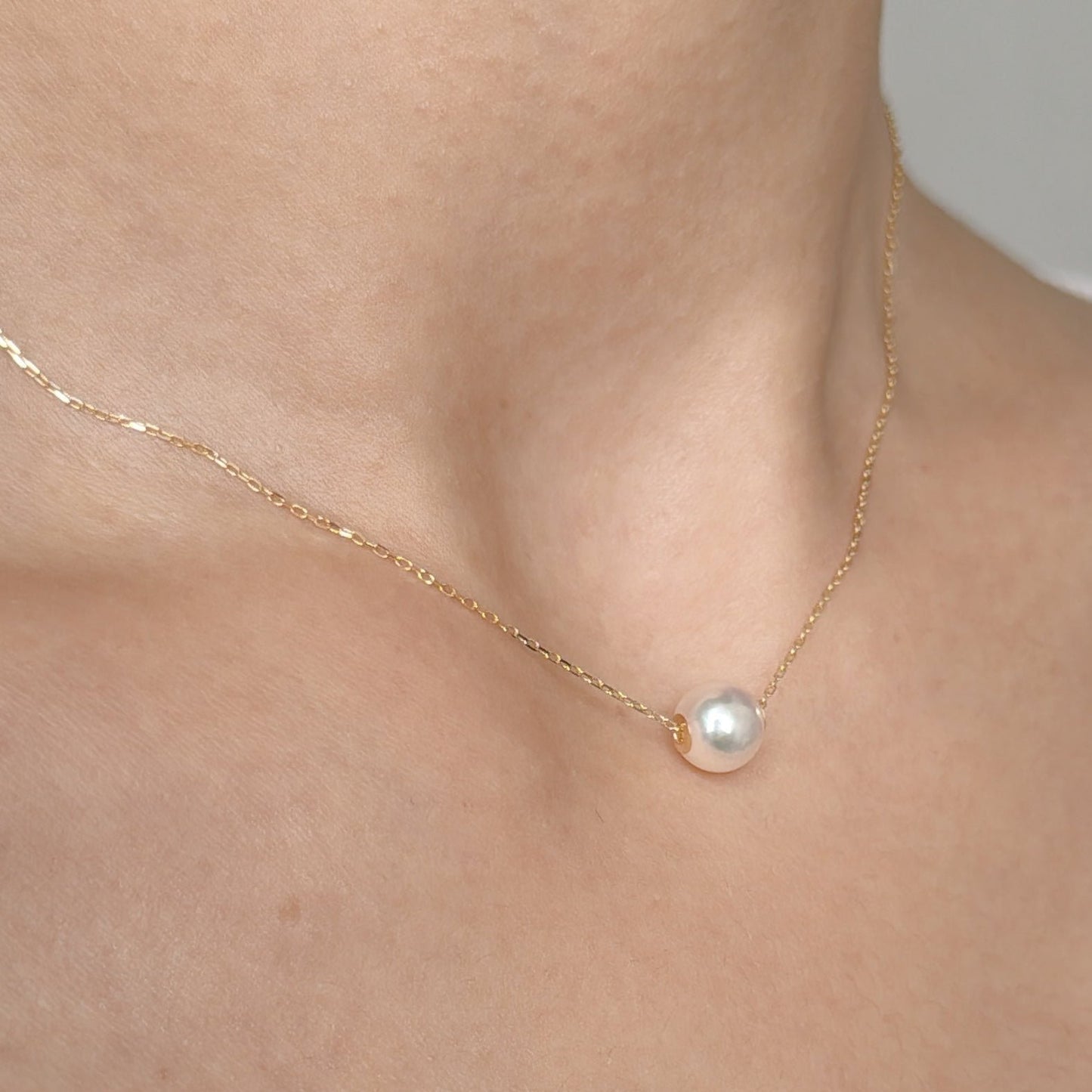 Akoya Pearl Floating Necklace in 18K Yellow Gold, 7.5-8mm
