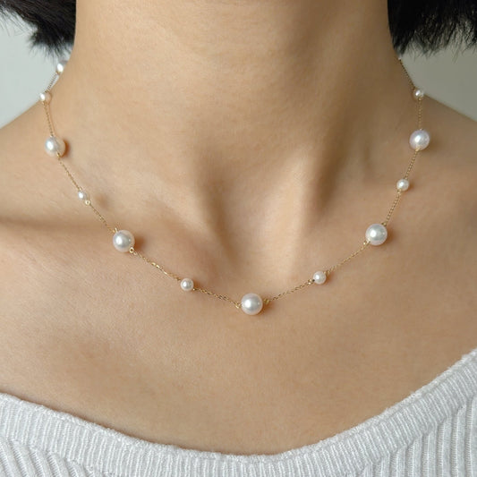 Akoya Pearl Stationed Necklace in 18K Yellow Gold, 7-7.5mm,4-4.5mm