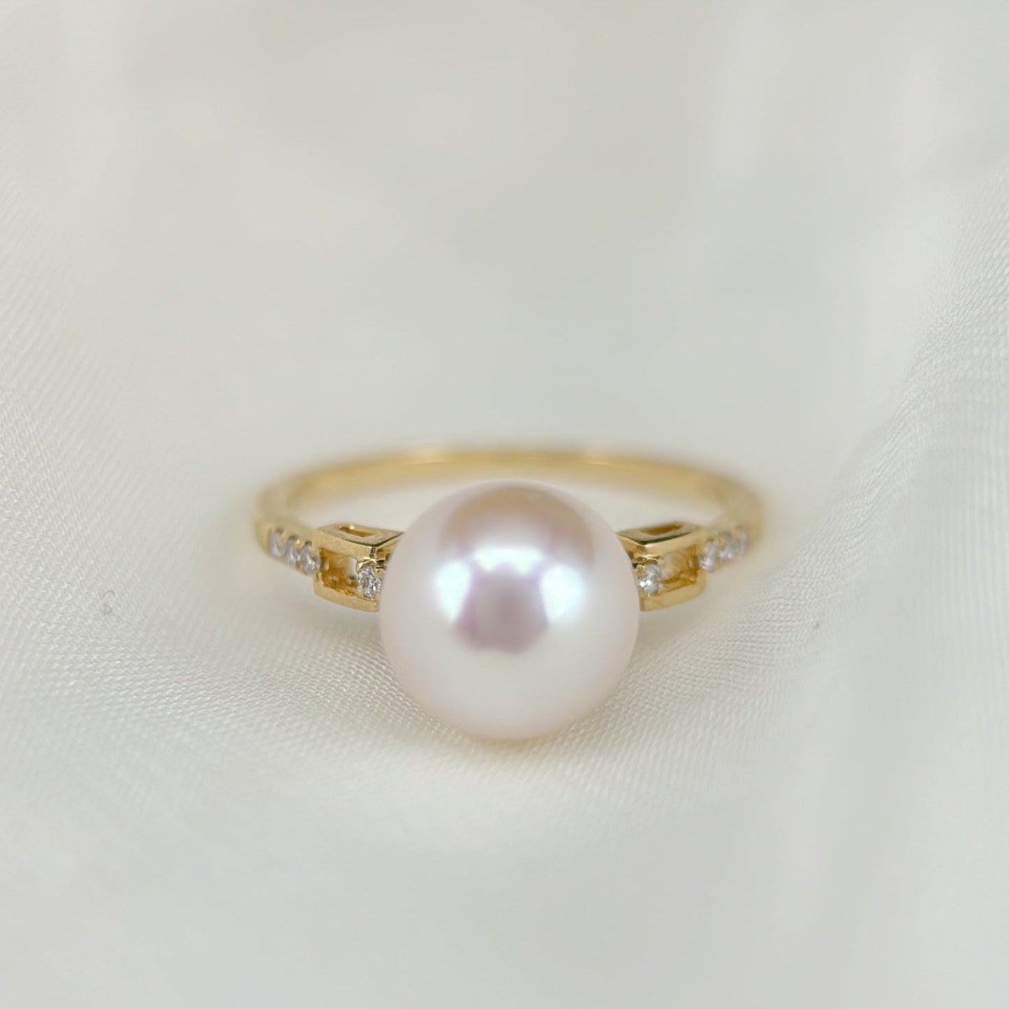 Akoya Pearl Ring in 18K Yellow Gold with Diamond, 8-8.5mm,d0.05ct