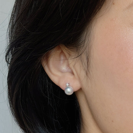 Akoya Pearl Earrings in 18K White Gold with Diamond, d0.1ct,8-8.5mm