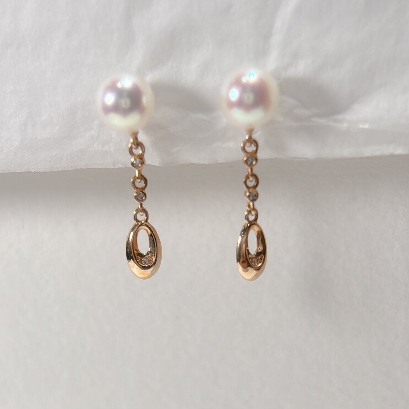 Akoya Dangle Earrings in 18K Rose Gold with Diamond, d0.015ct,6-6.5mm