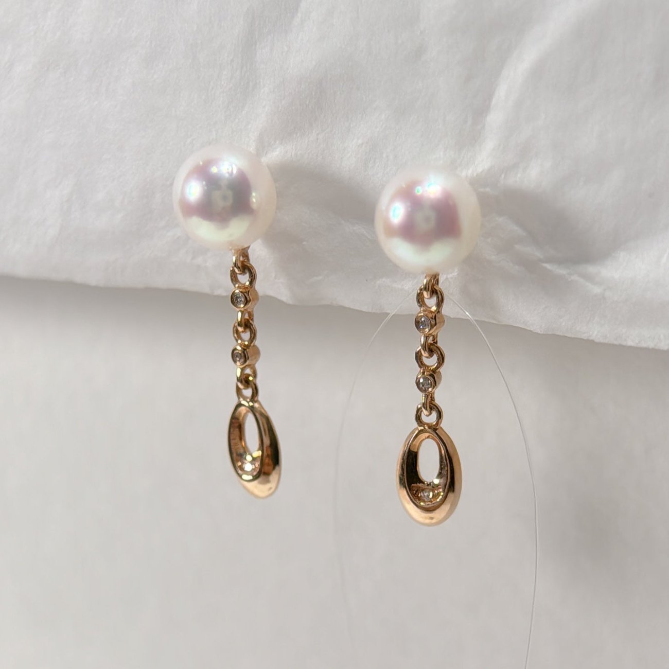 Akoya Dangle Earrings in 18K Rose Gold with Diamond, d0.015ct,6-6.5mm