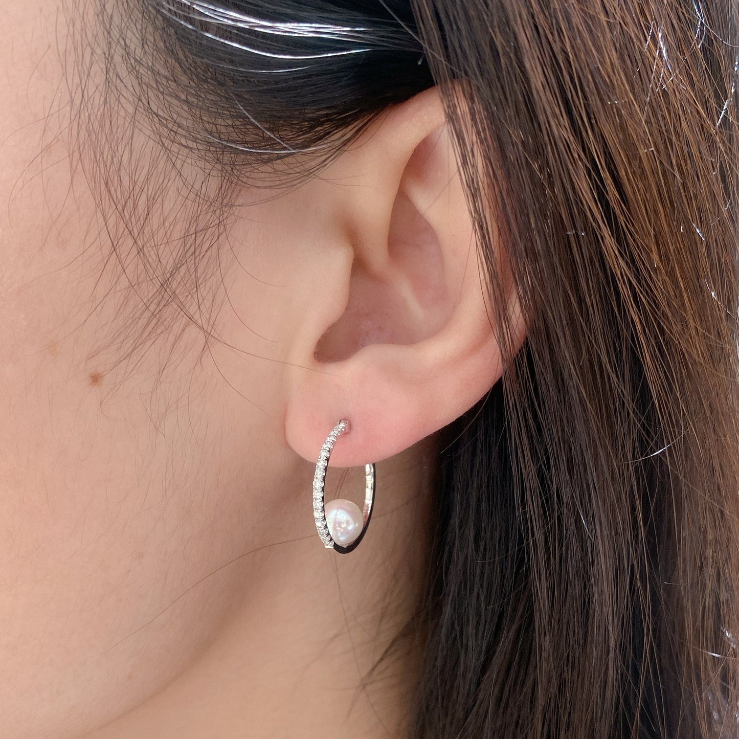 Akoya Pearl Hoop Earrings in 18k White Gold with Diamond, d0.35ct,6.5-7mm
