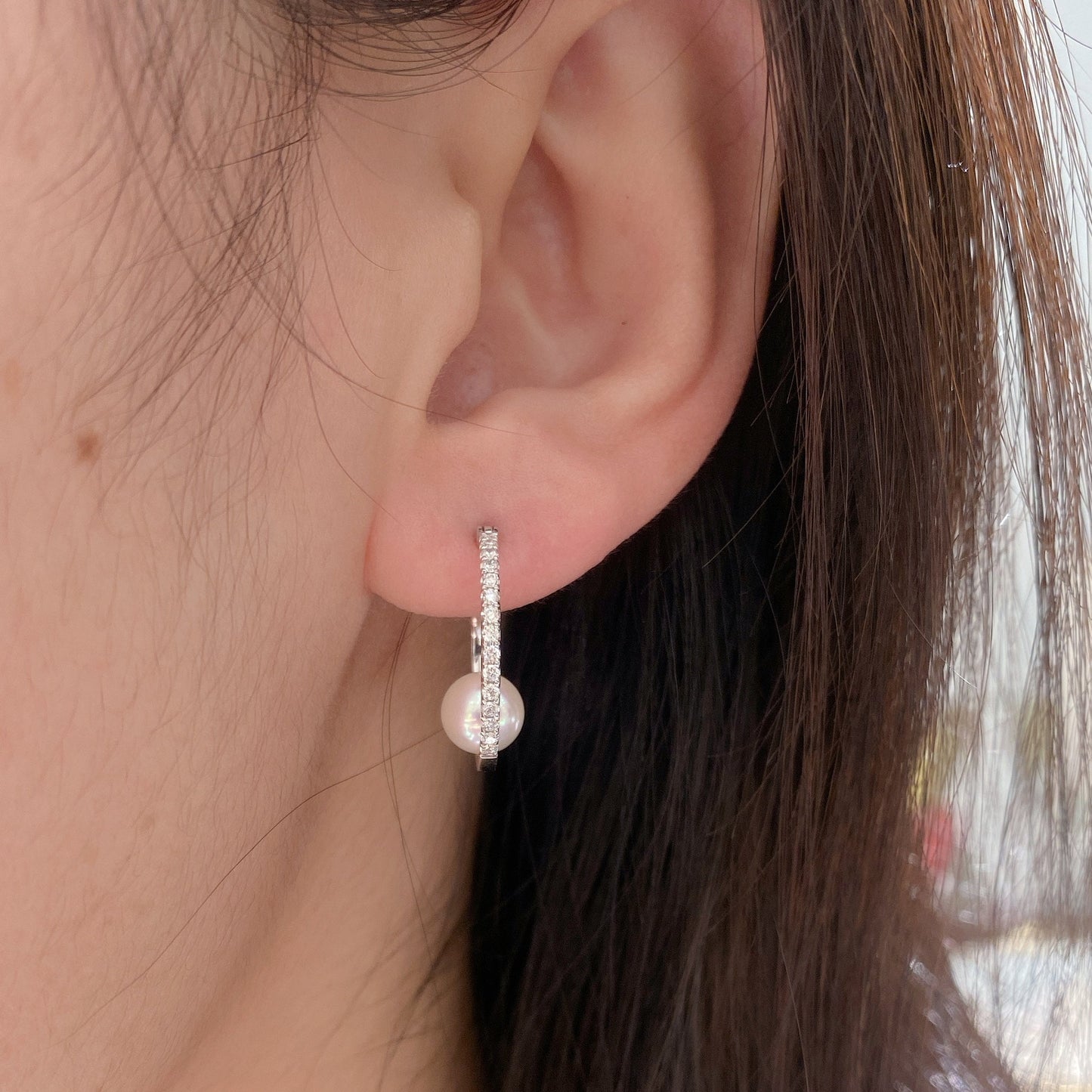 Akoya Pearl Hoop Earrings in 18k White Gold with Diamond, d0.35ct,6.5-7mm