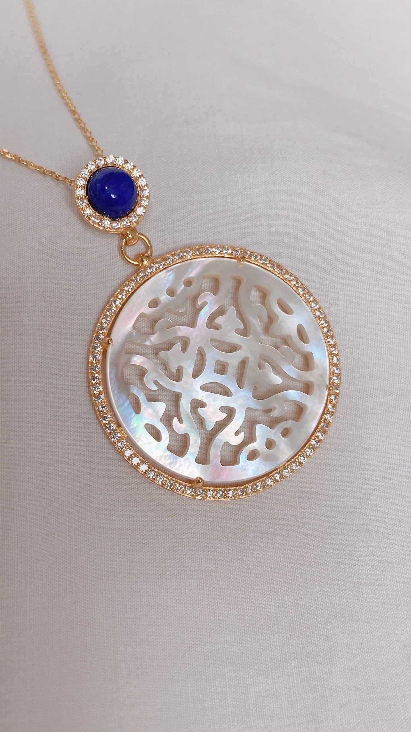 Yellow Gold Plated Sterling Silver Necklace with Mother of Pearl and Blue Lapis Lazuli, NL12