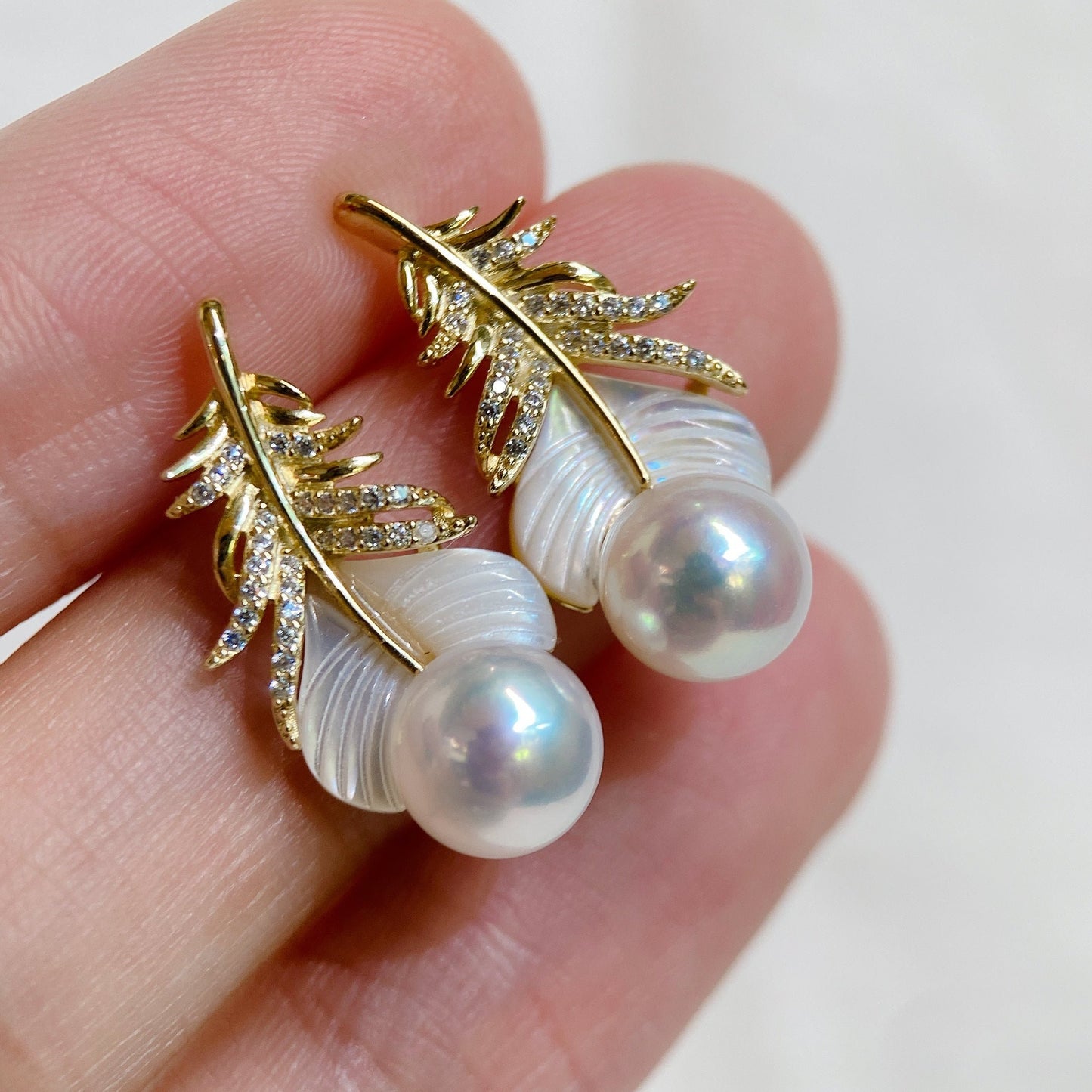 Yellow Gold Plated Sterling Silver Freshwater Pearl Earrings with Mother of Pearl, ER14