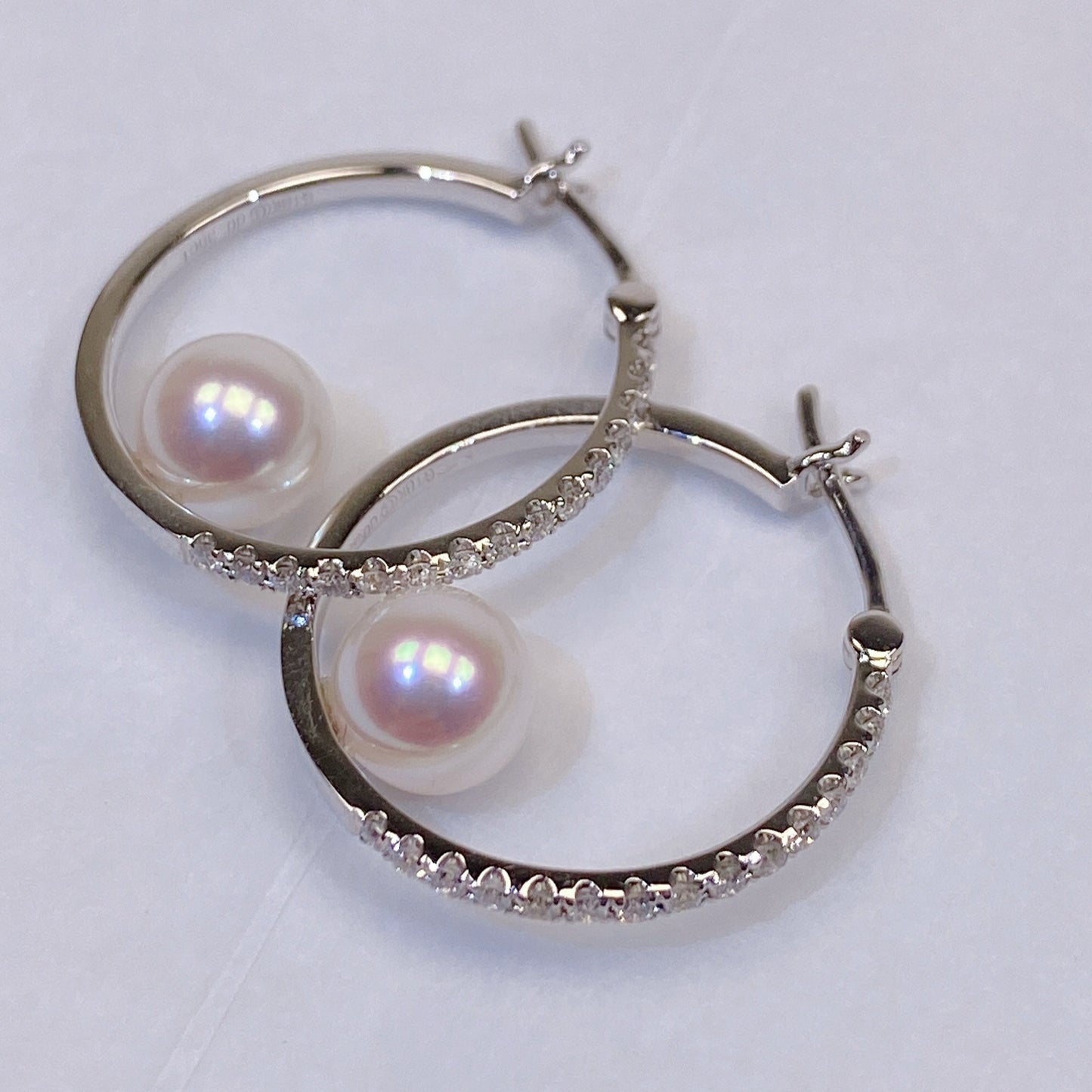 Akoya Pearl Hoop Earrings in 18k White Gold with Diamond, d0.35ct,6.5-7mm