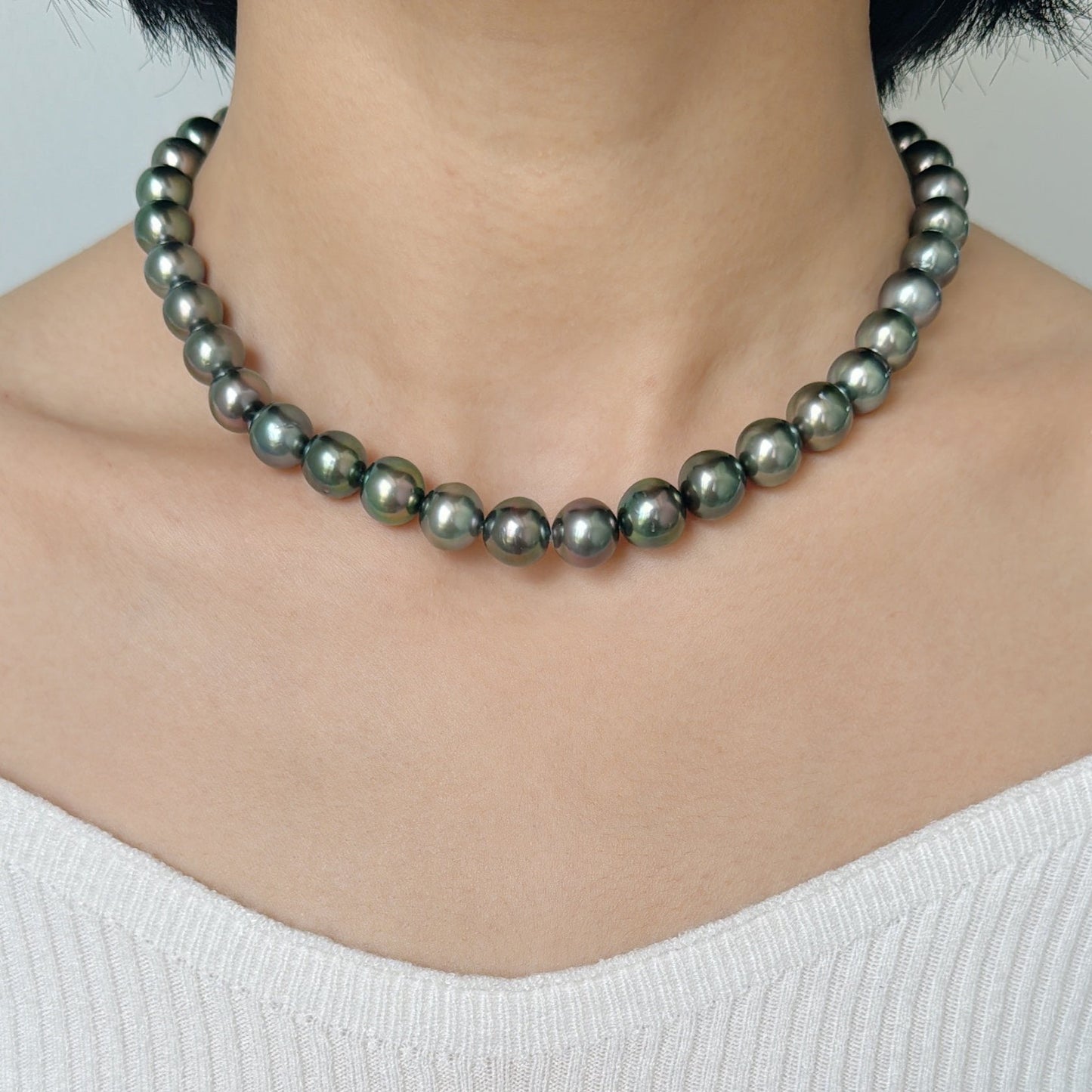 Tahitian Pearl Full Pearl Necklace with Silver Clasp, 10-11.9mm,cert EJ0488