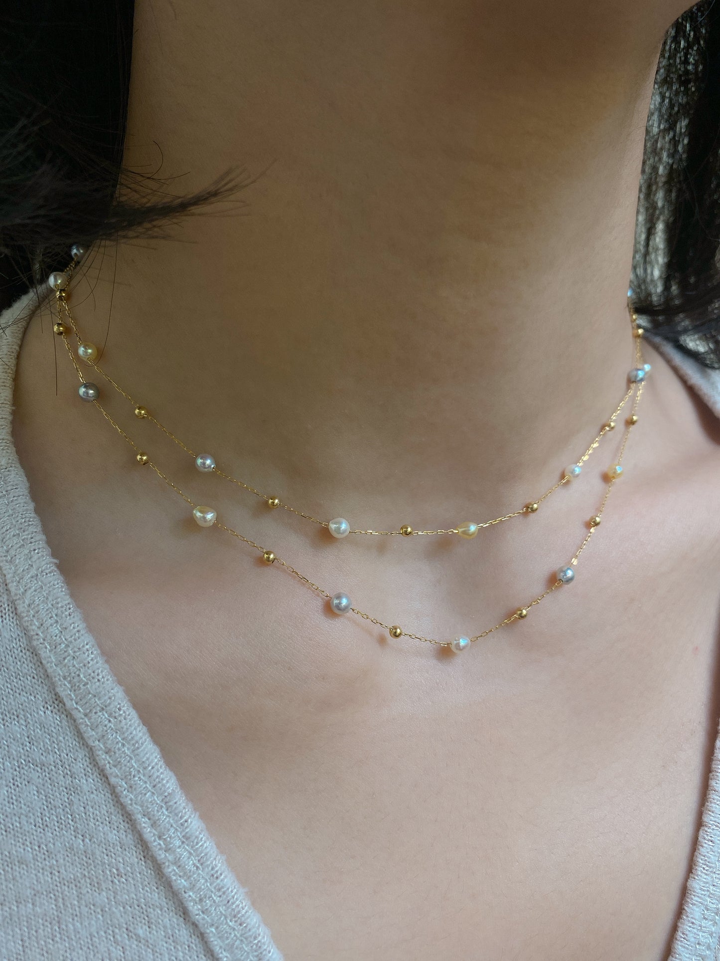 Candy Colour Akoya Pearl Stationed Necklace in 18K Yellow Gold, 3-3.5mm,80cm
