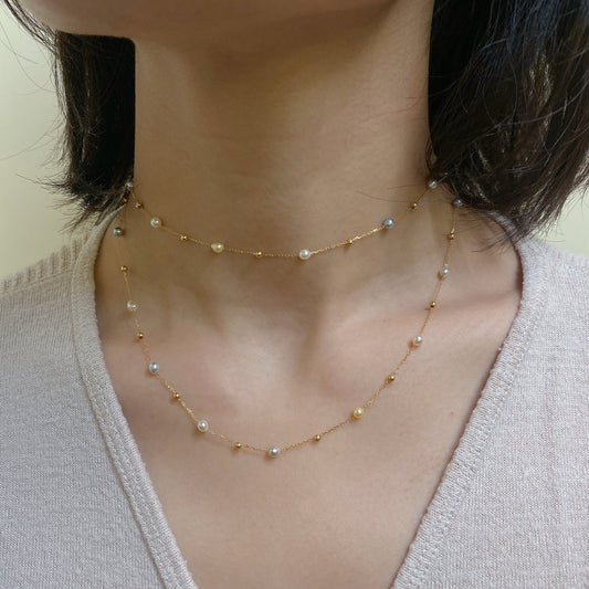 Candy Colour Akoya Pearl Stationed Necklace in 18K Yellow Gold, 3-3.5mm,80cm