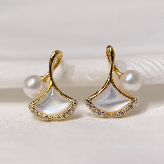 Yellow Gold Plated Sterling Silver Freshwater Pearl Earrings with Mother of Pearl, ER51