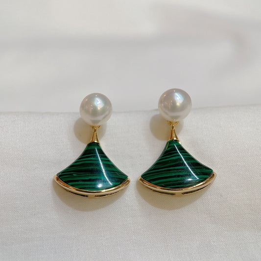 Yellow Gold Plated Sterling Silver Freshwater Pearl Earrings with Malachite, ER27