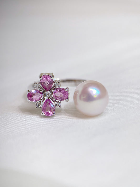 Akoya Pearl and Pink Sapphire Ring in 18K White Gold with Diamond, ps0.7ct,d0.045ct,8-8.5mm
