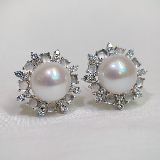 White Gold Plated Sterling Silver Freshwater Edison Pearl Earrings with Chalcedony, ER41