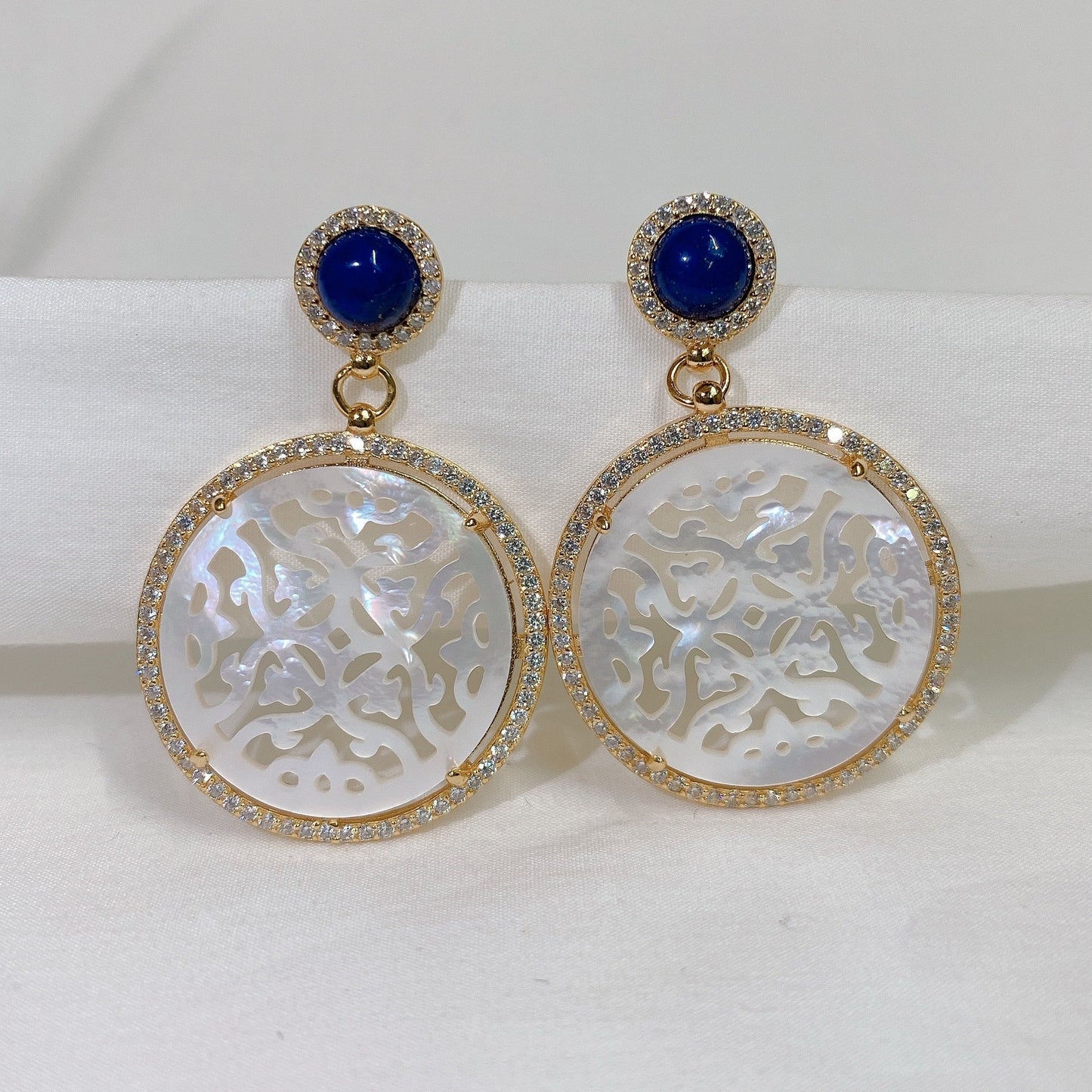 Yellow Gold Plated Sterling Silver Mother of Pearl Earrings with Blue Lapis Lazuli , ER57