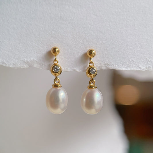 Yellow Gold Plated Sterling Silver Freshwater Pearl Earrings, ER29