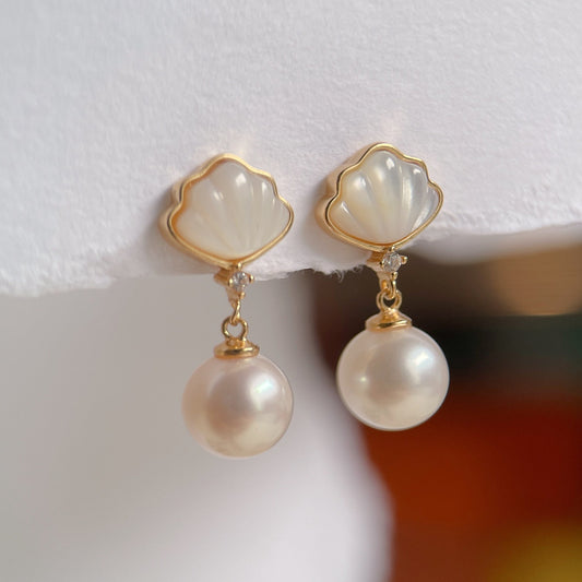 Yellow Gold Plated Sterling Silver Freshwater Pearl Earrings with Mother of Pearl, ER35