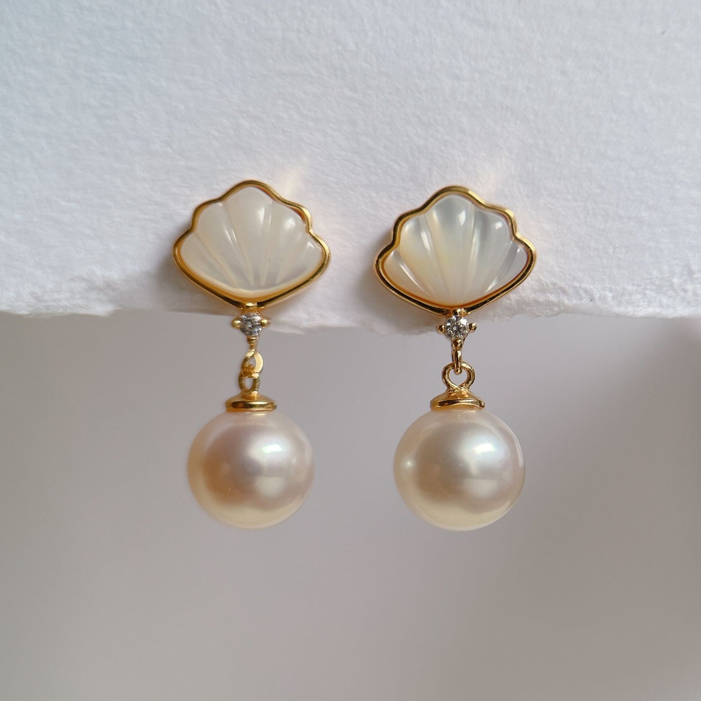 Yellow Gold Plated Sterling Silver Freshwater Pearl Earrings with Mother of Pearl, ER35