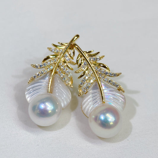 Yellow Gold Plated Sterling Silver Freshwater Pearl Earrings with Mother of Pearl, ER14