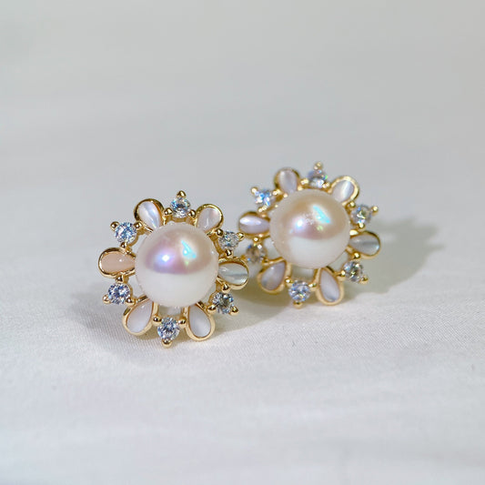 Yellow Gold Plated Sterling Silver Freshwater Pearl Earrings with Mother of Pearl, ER37