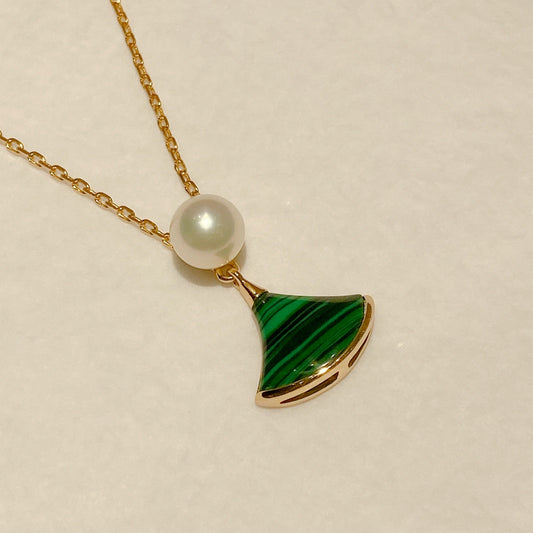Yellow Gold Plated Sterling Silver Freshwater Pearl Necklace with Malachite, NL7