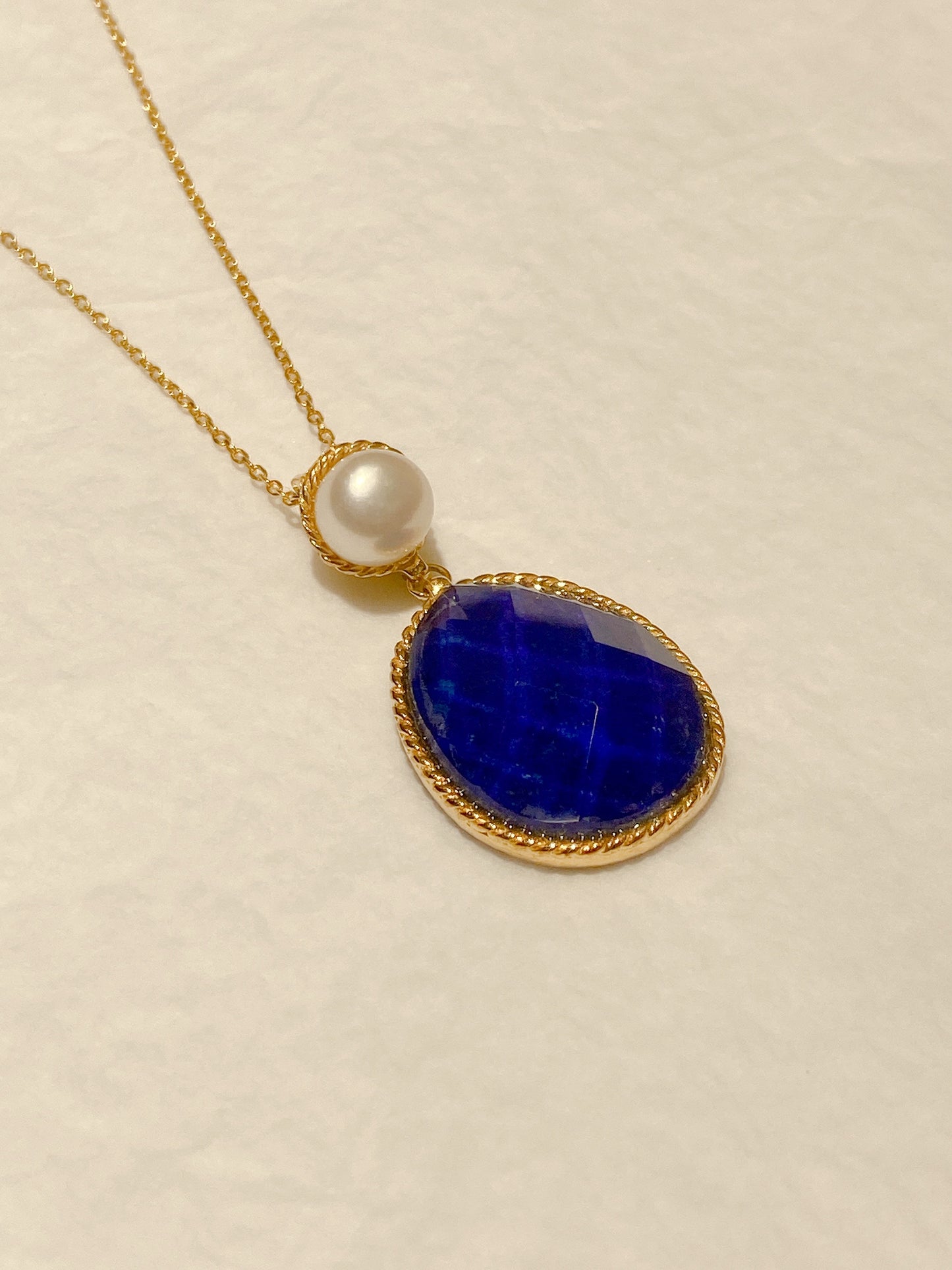 Yellow Gold Plated Sterling Silver Freshwater Pearl Necklace with Blue Lapis Lazuli, NL8
