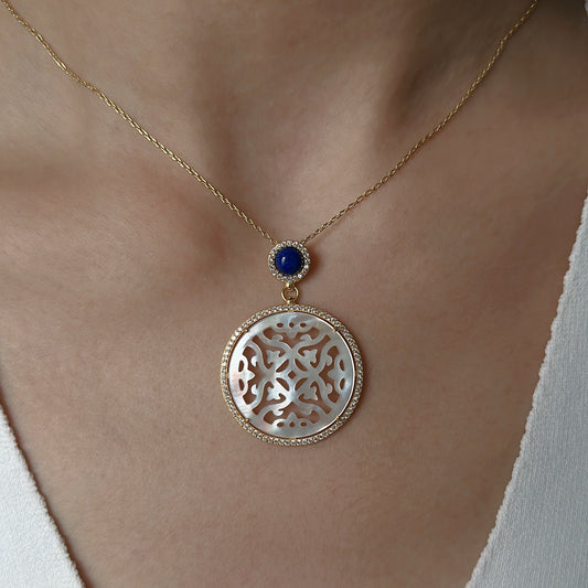Yellow Gold Plated Sterling Silver Necklace with Mother of Pearl and Blue Lapis Lazuli, NL12