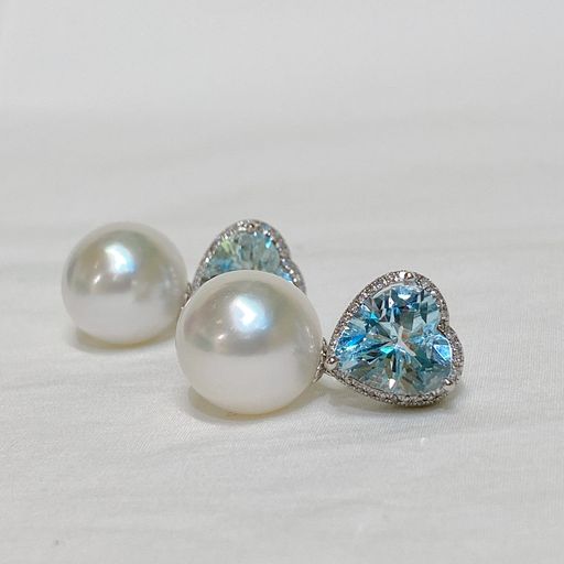 White South Sea Pearl and Aquamarine Earrings in 18K White Gold with Diamond, aq4.6ct,d0.192ct,11.5-12mm